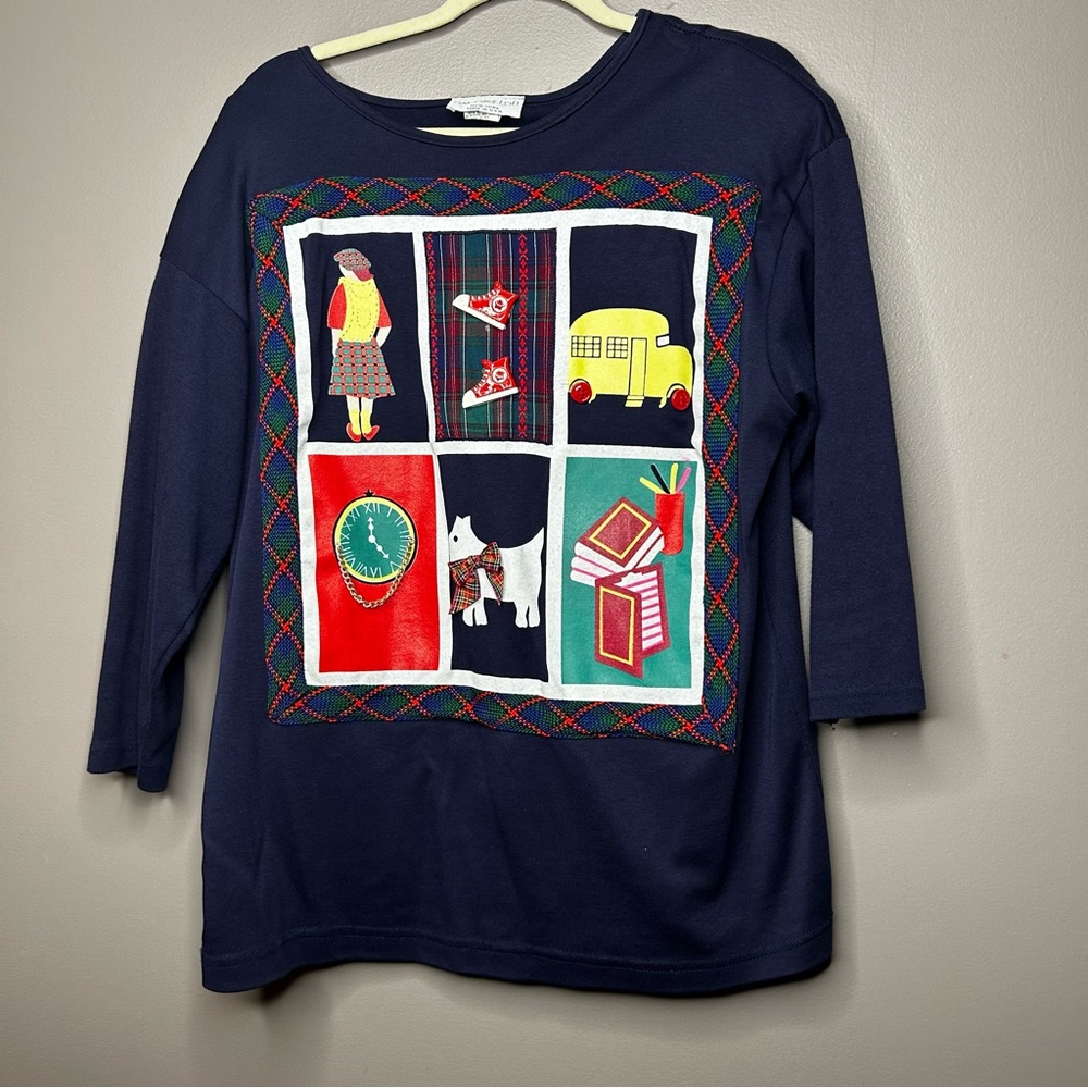 Sweater Loft NYC vintage women’s Navy sweatshirt with school Patchwork Design
